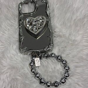 Silver Heart Phone Case with Beaded Strap & Pop Socket IPhone 14 Pro M…